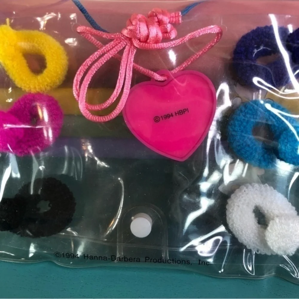 The Flintstones Pebbles Bam Bam Hair Accessories Heart Necklace Set Bag Vintage